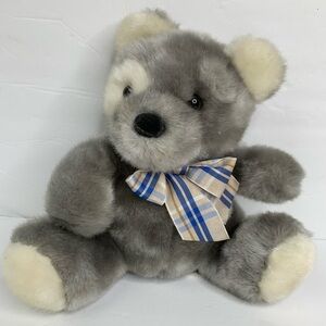 Vintage Teddy Bear Medium Size Plush Gray & White Kelly Toy Blue & Tan Plaid Bow